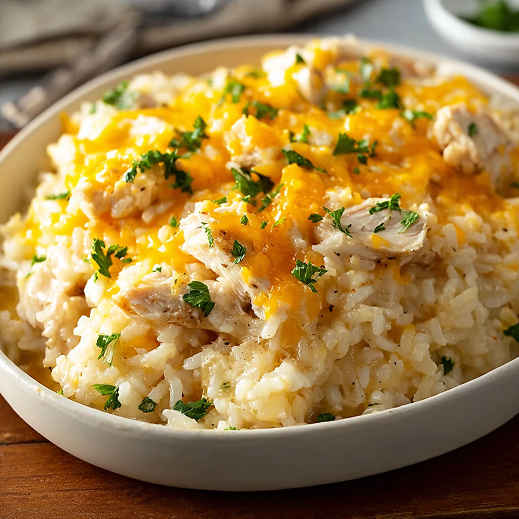 A bowl of rice with chicken and cheese on top.
