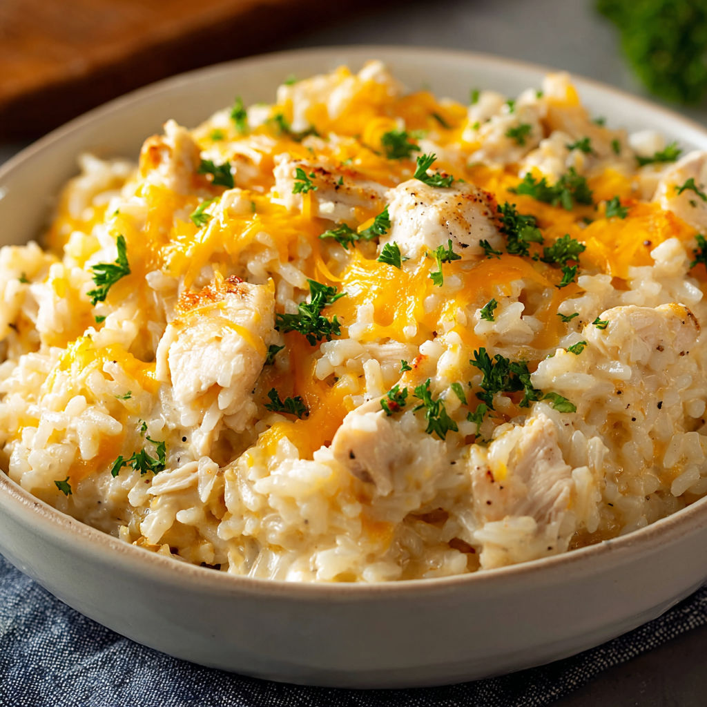 A bowl of rice with chicken and cheese, possibly a recipe called Heavenly Chicken Angel Rice.