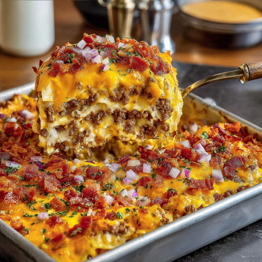 A delicious Bacon Cheeseburger Sheet Pan Lasagna is ready to be served.