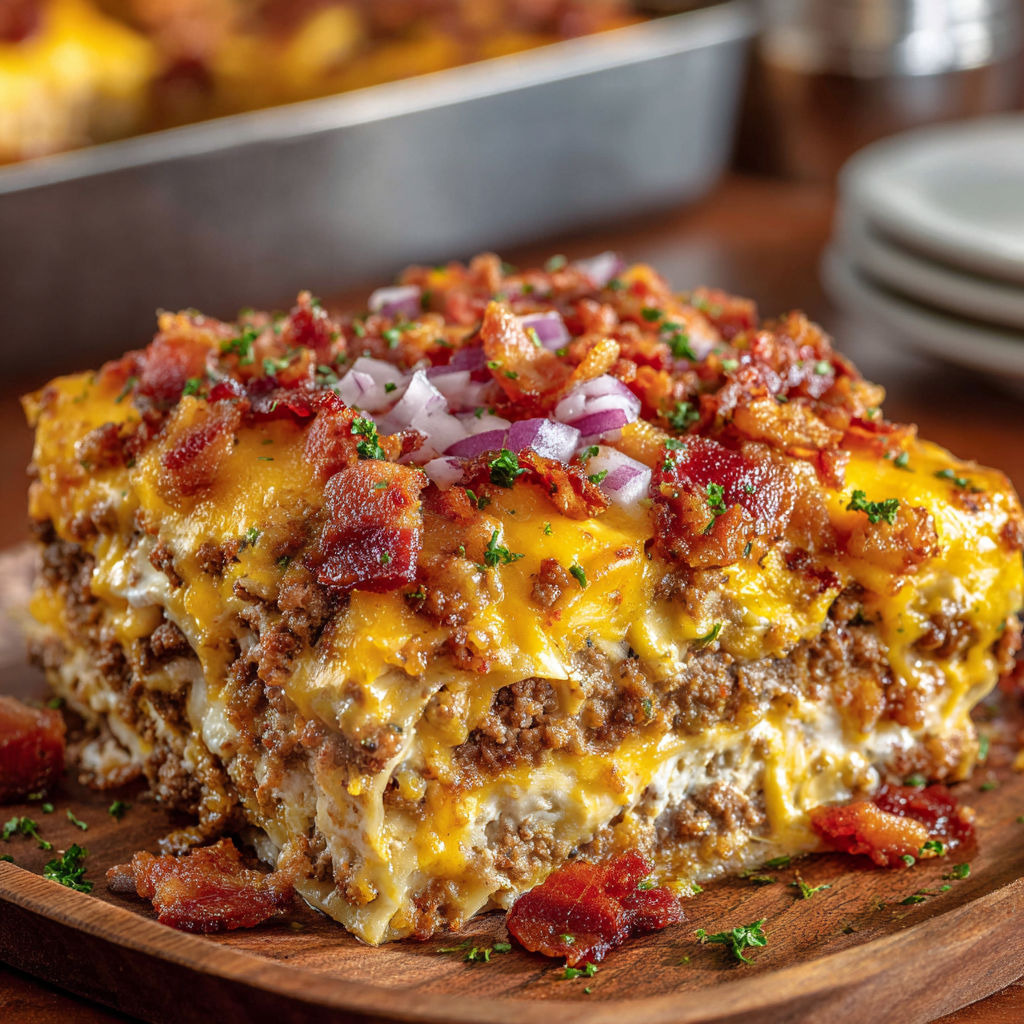 A delicious Bacon Cheeseburger Sheet Pan Lasagna is ready to be served.