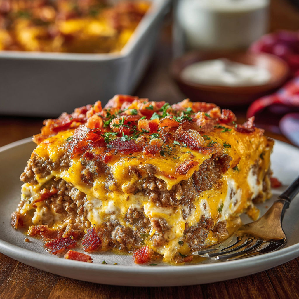 A delicious bacon cheeseburger lasagna is served on a plate.