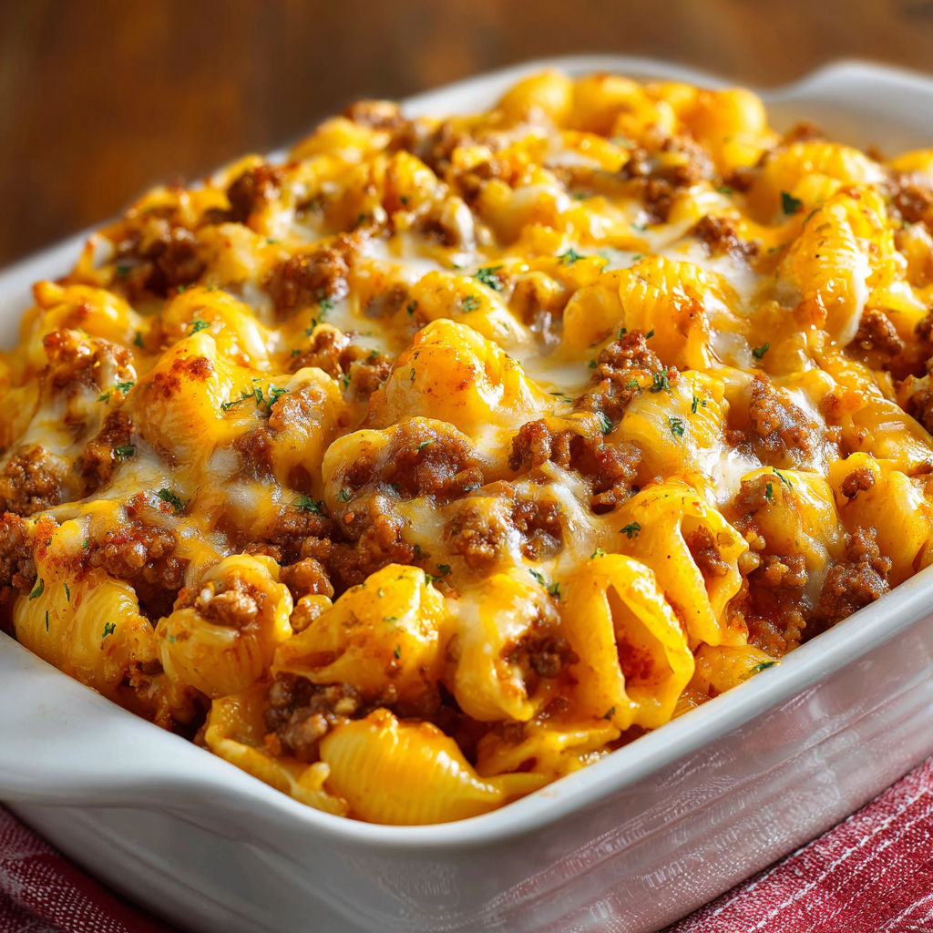 A delicious Meatloaf & Cheddar Shells Casserole is ready to be served.