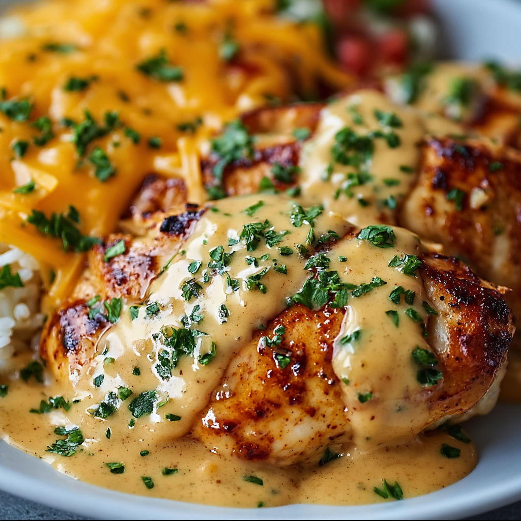 A plate of Mexican Chicken with Cheese Sauce, accompanied by rice and a side of vegetables.