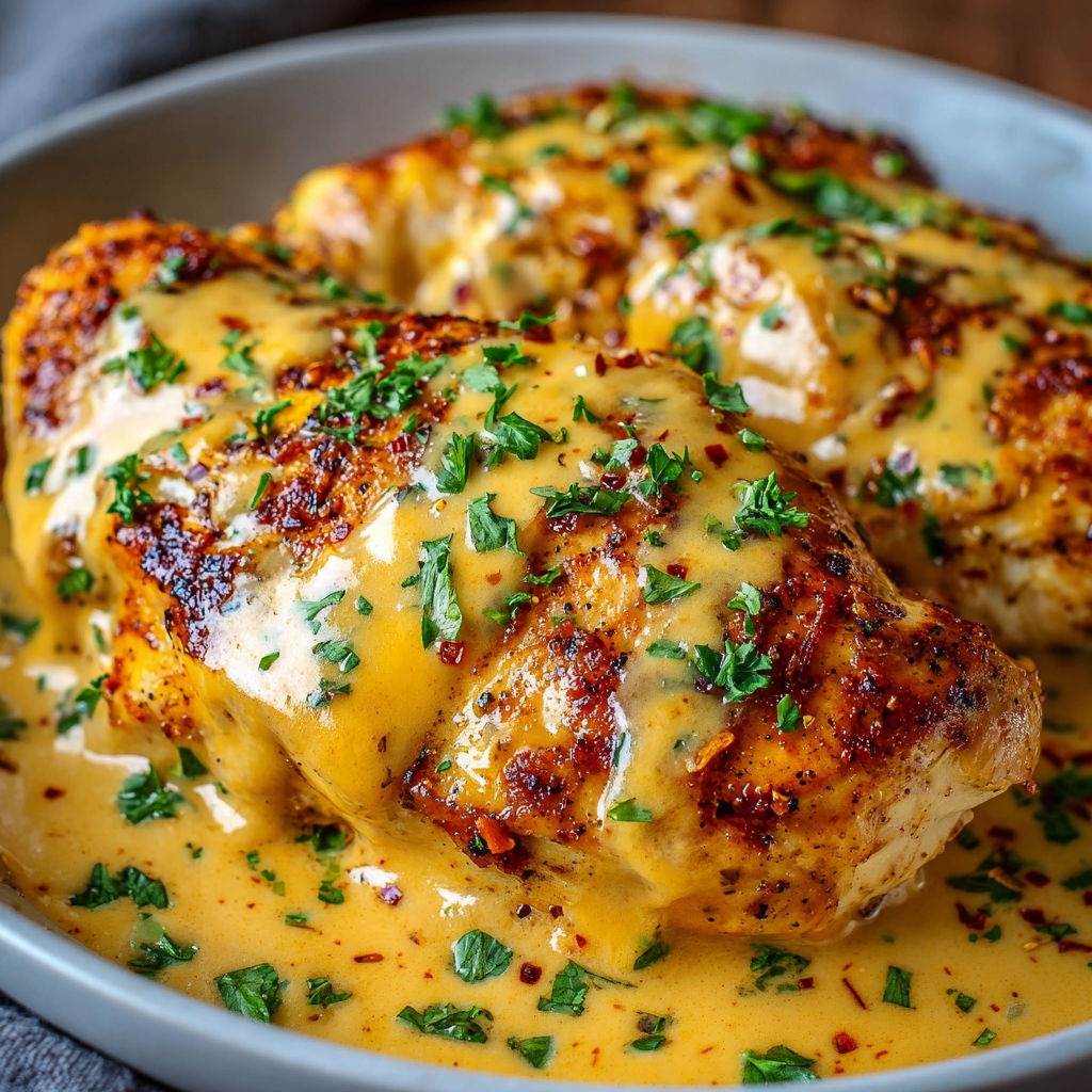 A plate of chicken covered in a creamy sauce, garnished with parsley.