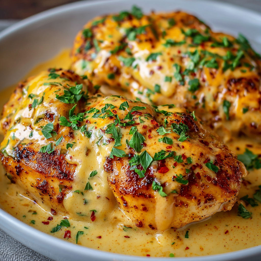 A plate of chicken covered in cheese and herbs, served with a creamy sauce.