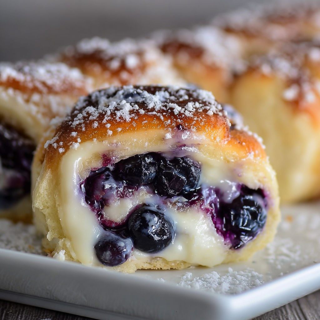 A plate of Blueberry Cheesecake Rolls with powdered sugar on top.