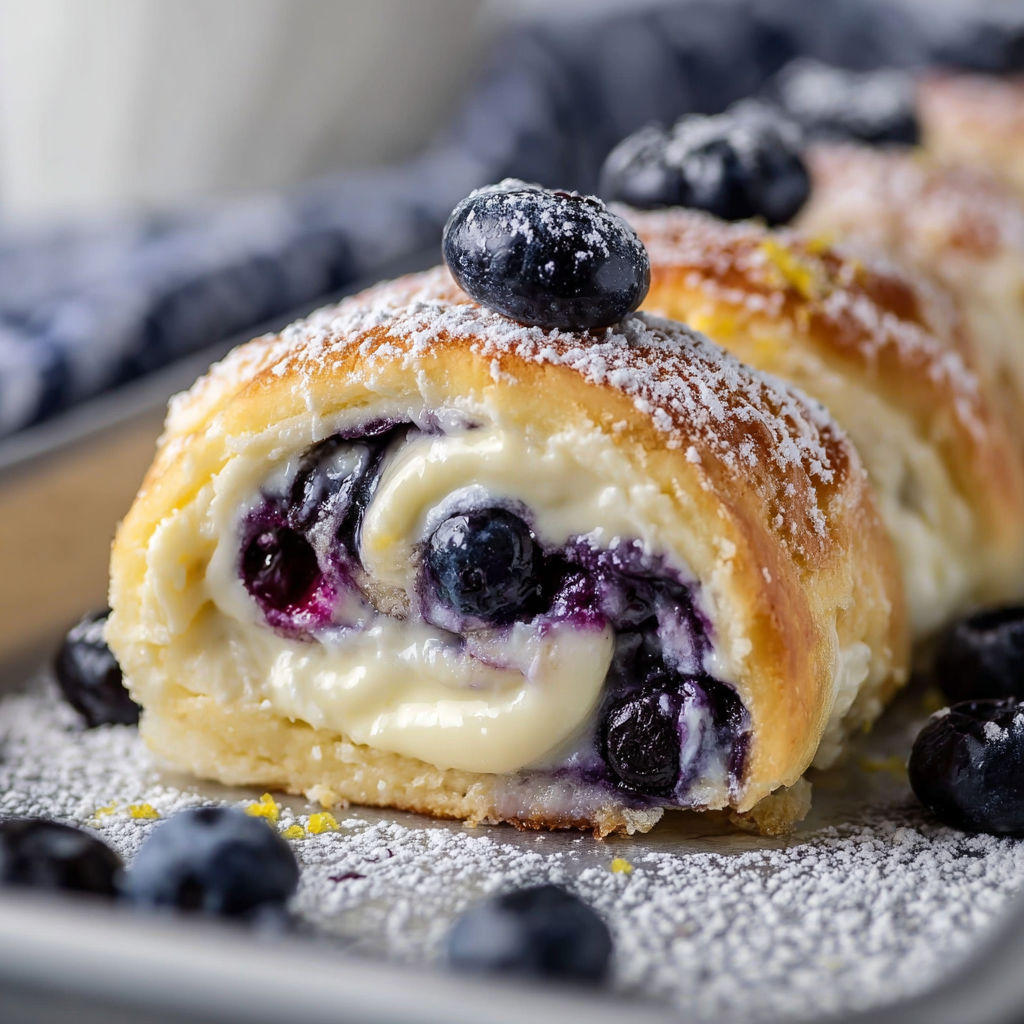 A delicious dessert, Blueberry Cheesecake Rolls, is displayed on a tray with blueberries and cream.