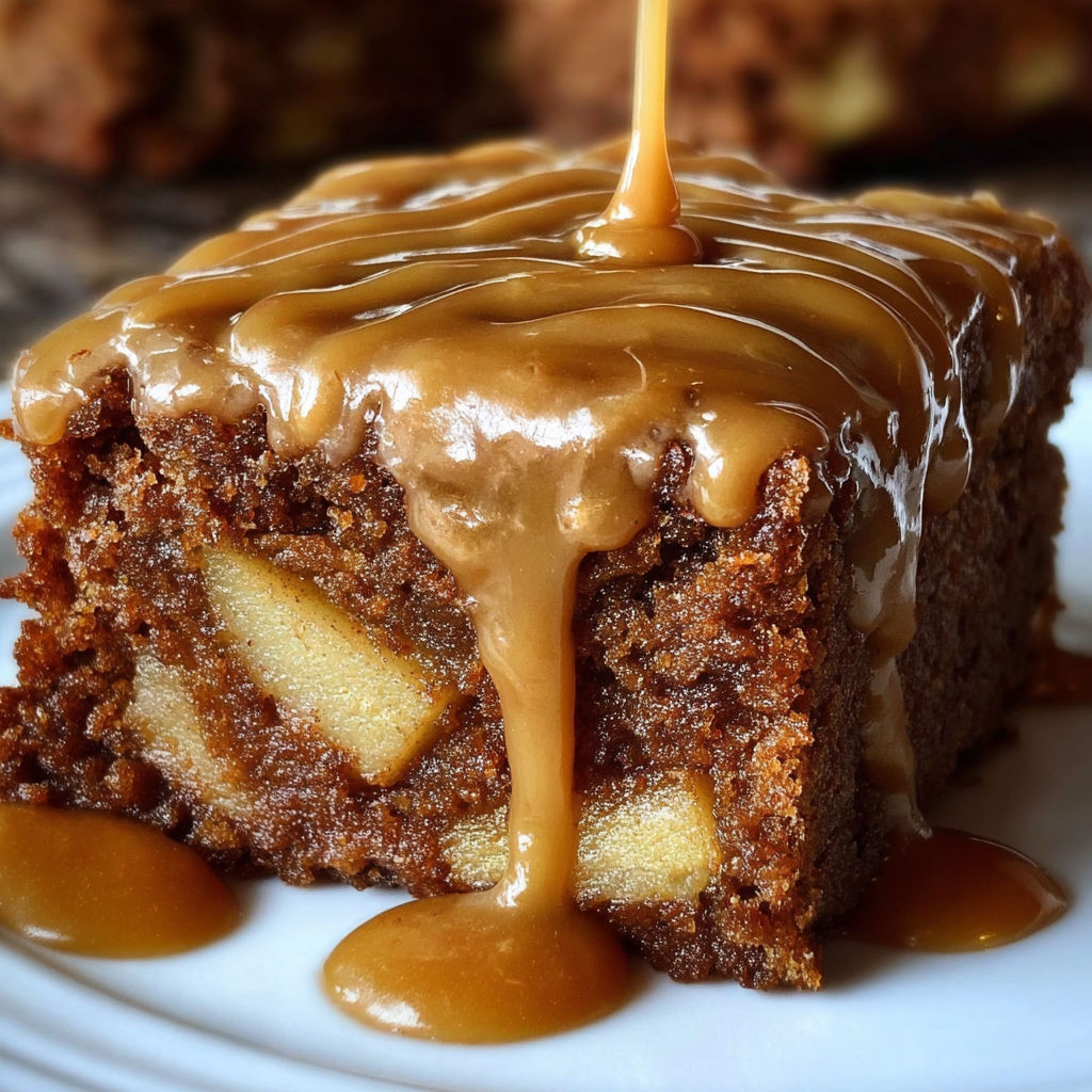 A slice of Apple Brownies Glaze with drizzled caramel sauce.