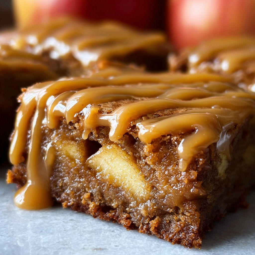 A close up of a delicious dessert with caramel sauce drizzled over it.