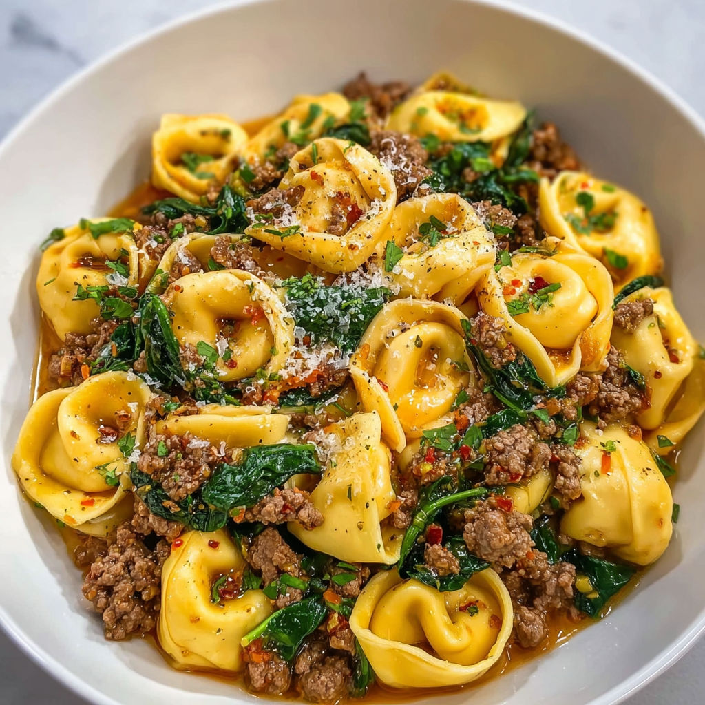 A bowl of pasta with meat and vegetables, including spinach and tomatoes, is served on a dining table.