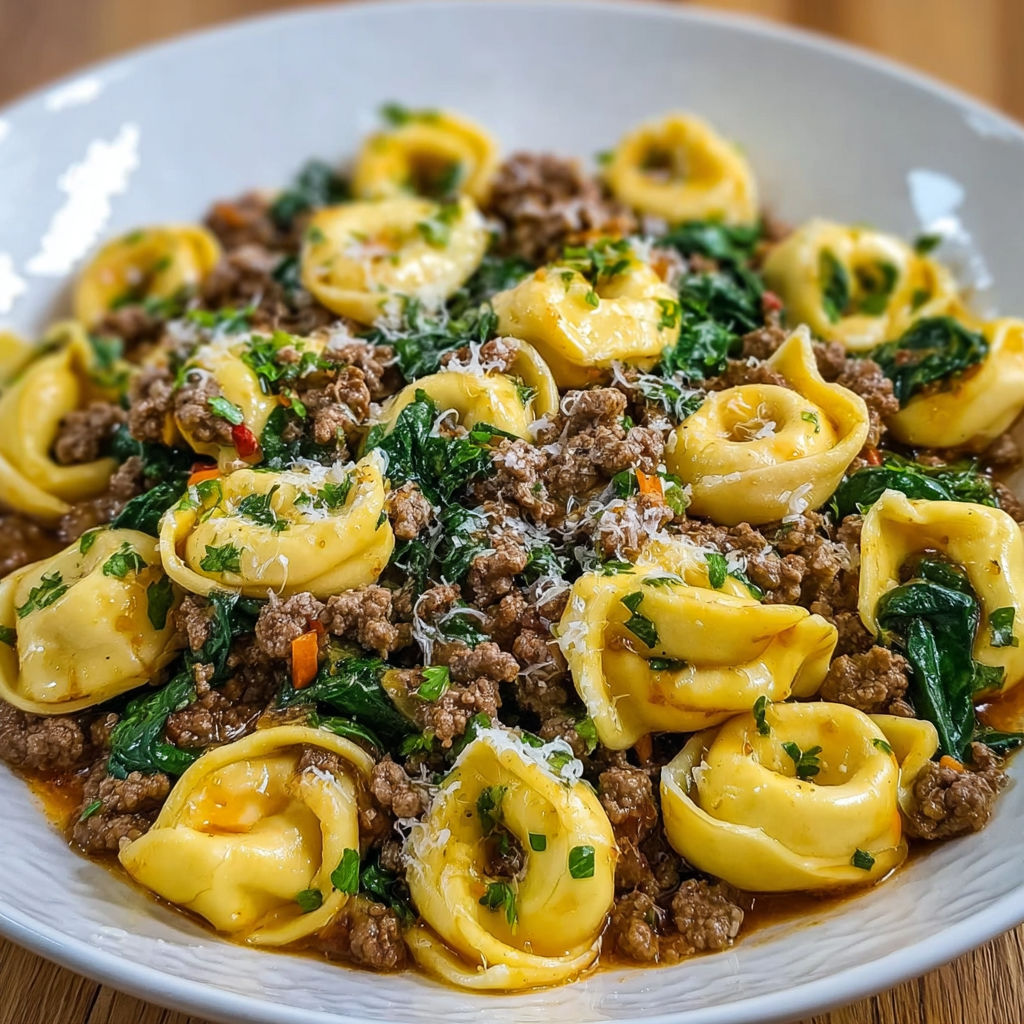 A white plate filled with pasta and meat, with a close up of the dish.