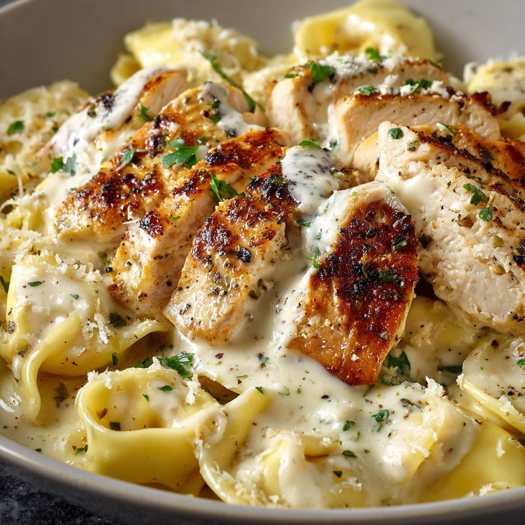 A delicious meal of Asiago Tortelloni Alfredo Chicken.