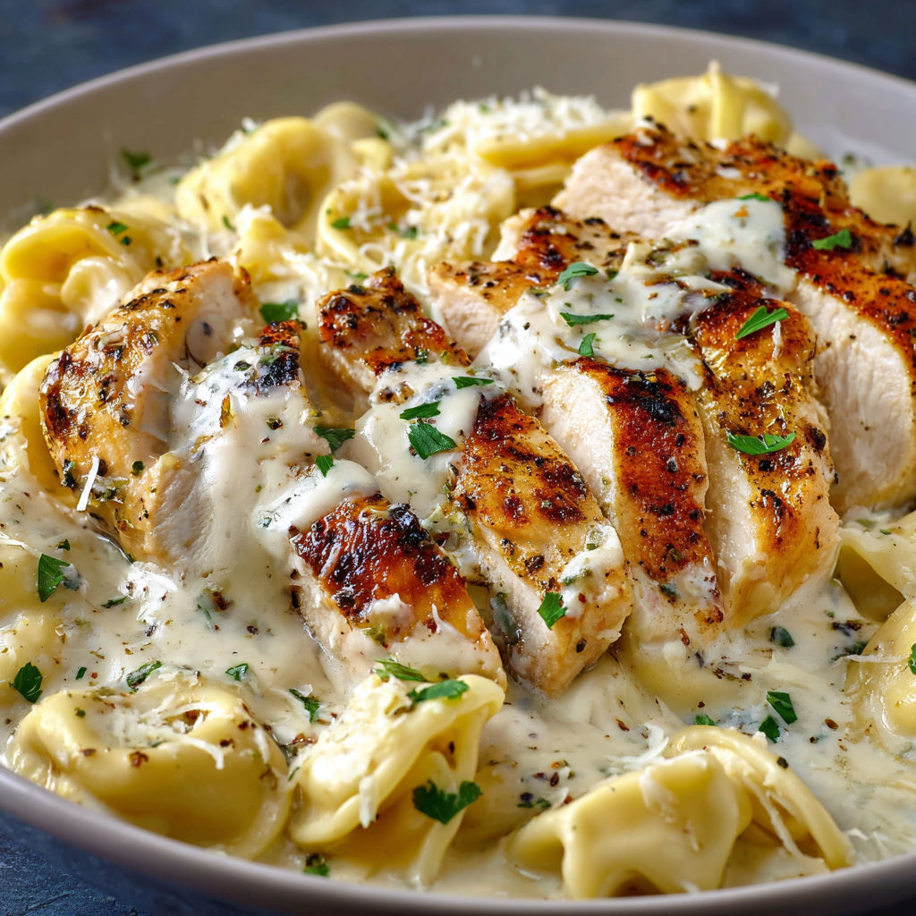 A bowl of pasta with chicken and cheese, possibly a chicken Alfredo dish.