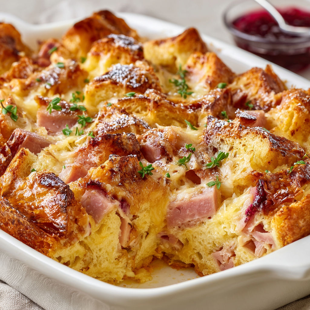 A white plate filled with a delicious breakfast dish, which includes ham, cheese, and bread.