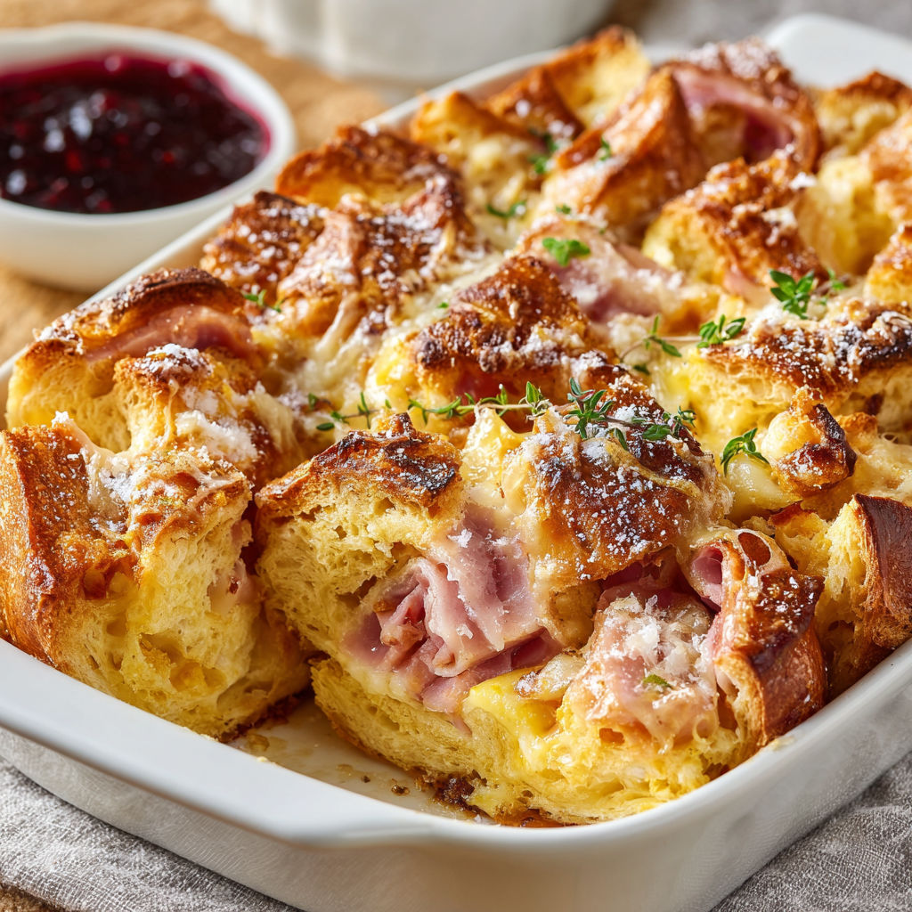 A delicious breakfast dish, featuring a fried egg, ham, and cheese, is served in a white bowl.