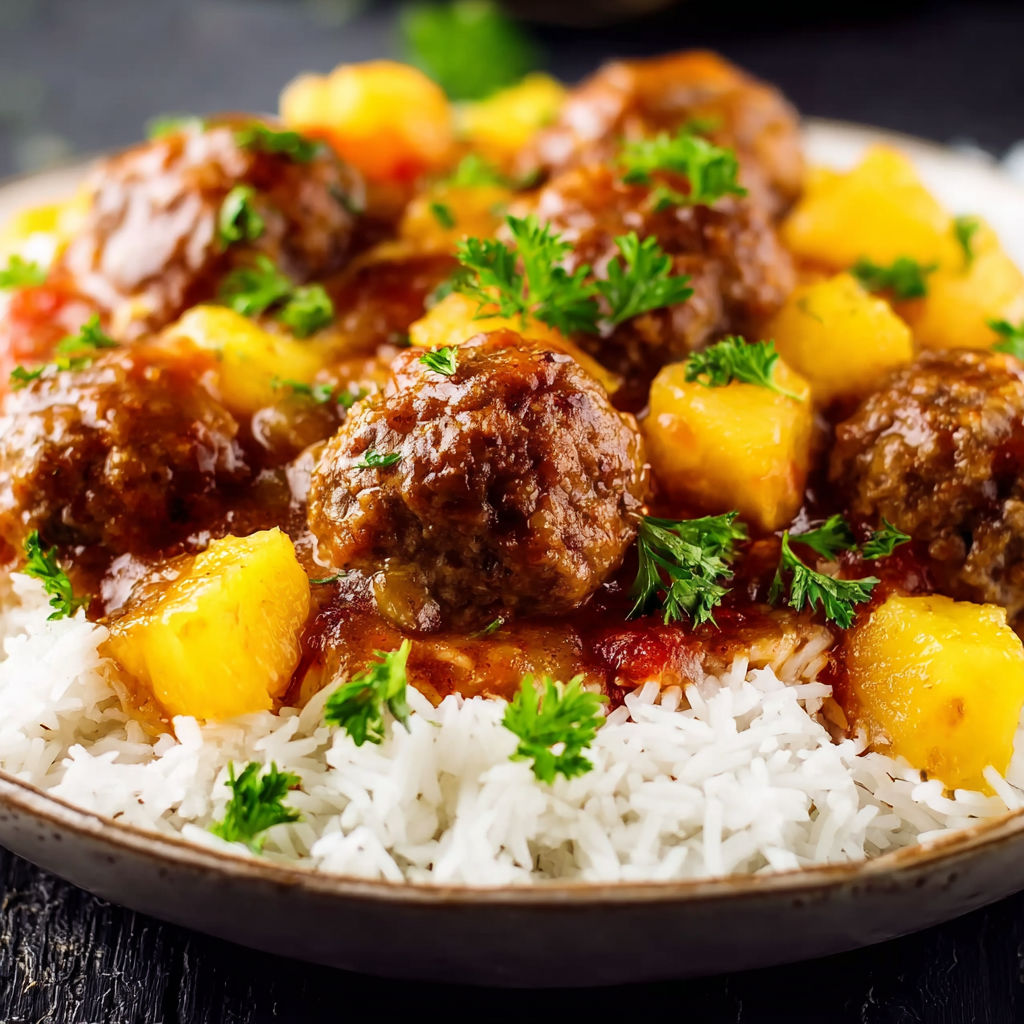 A bowl of Sweet and Sour Meatballs with rice and vegetables.