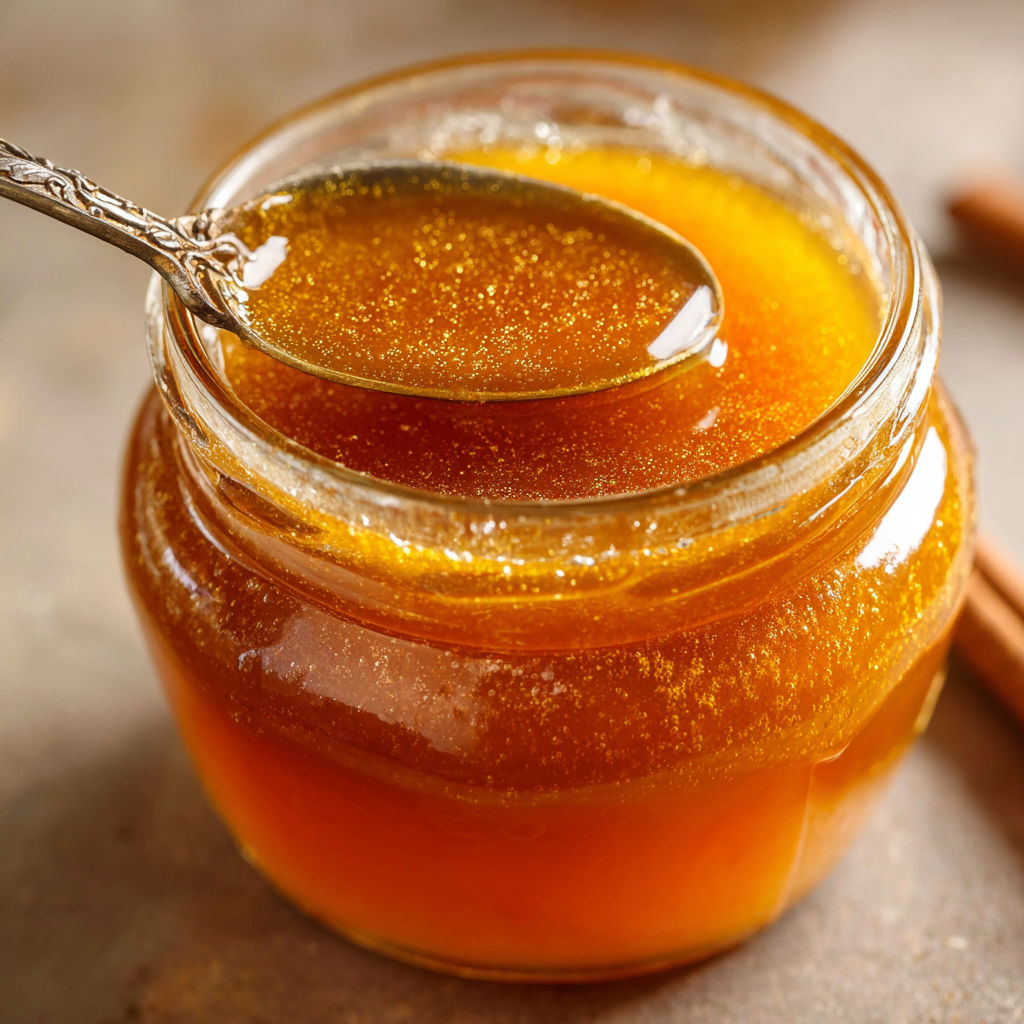 A jar of honey is placed on a table, ready to be used in a recipe.