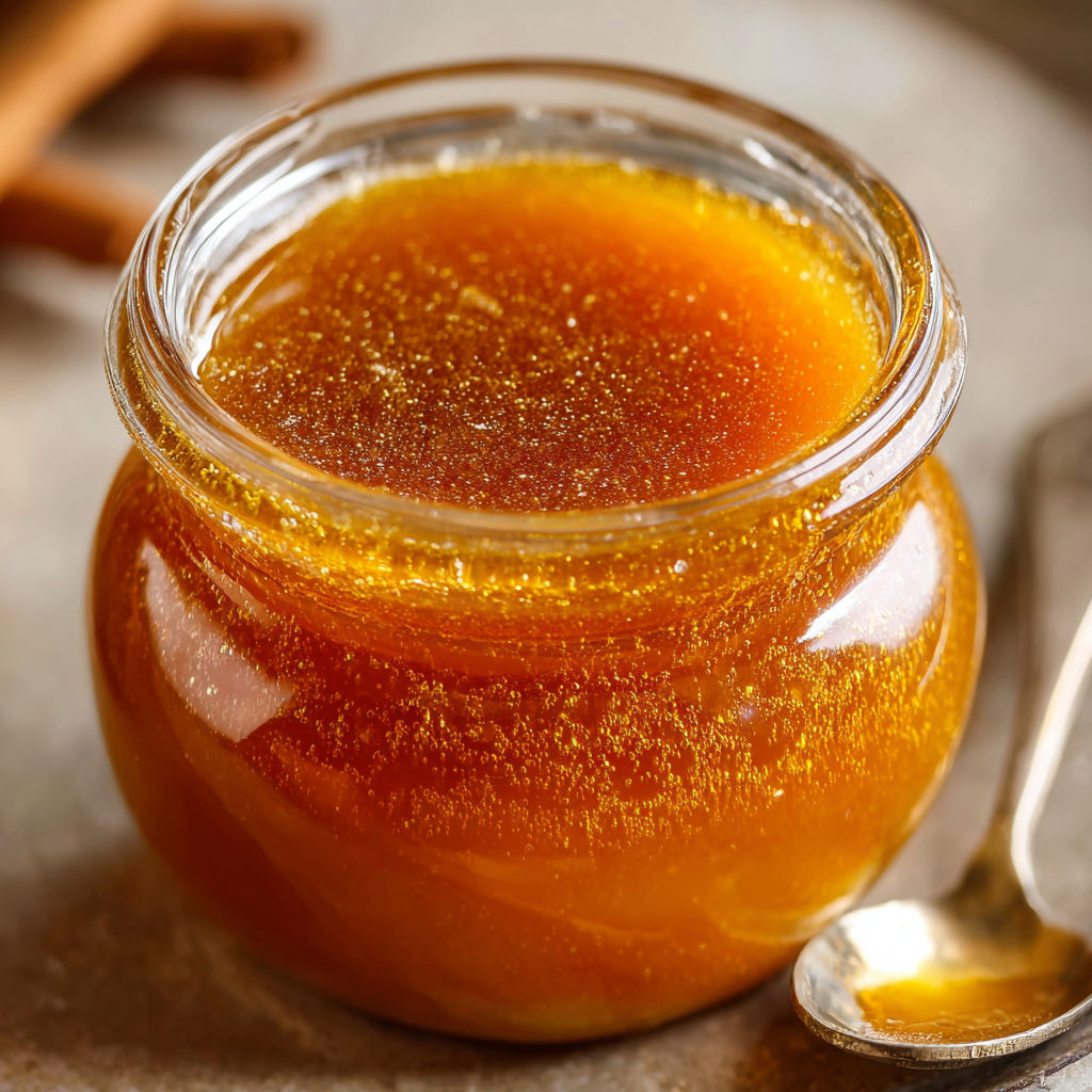 A jar of honey is placed on a table next to a spoon.