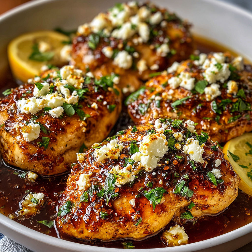 A bowl of chicken with feta cheese and lemon sauce.