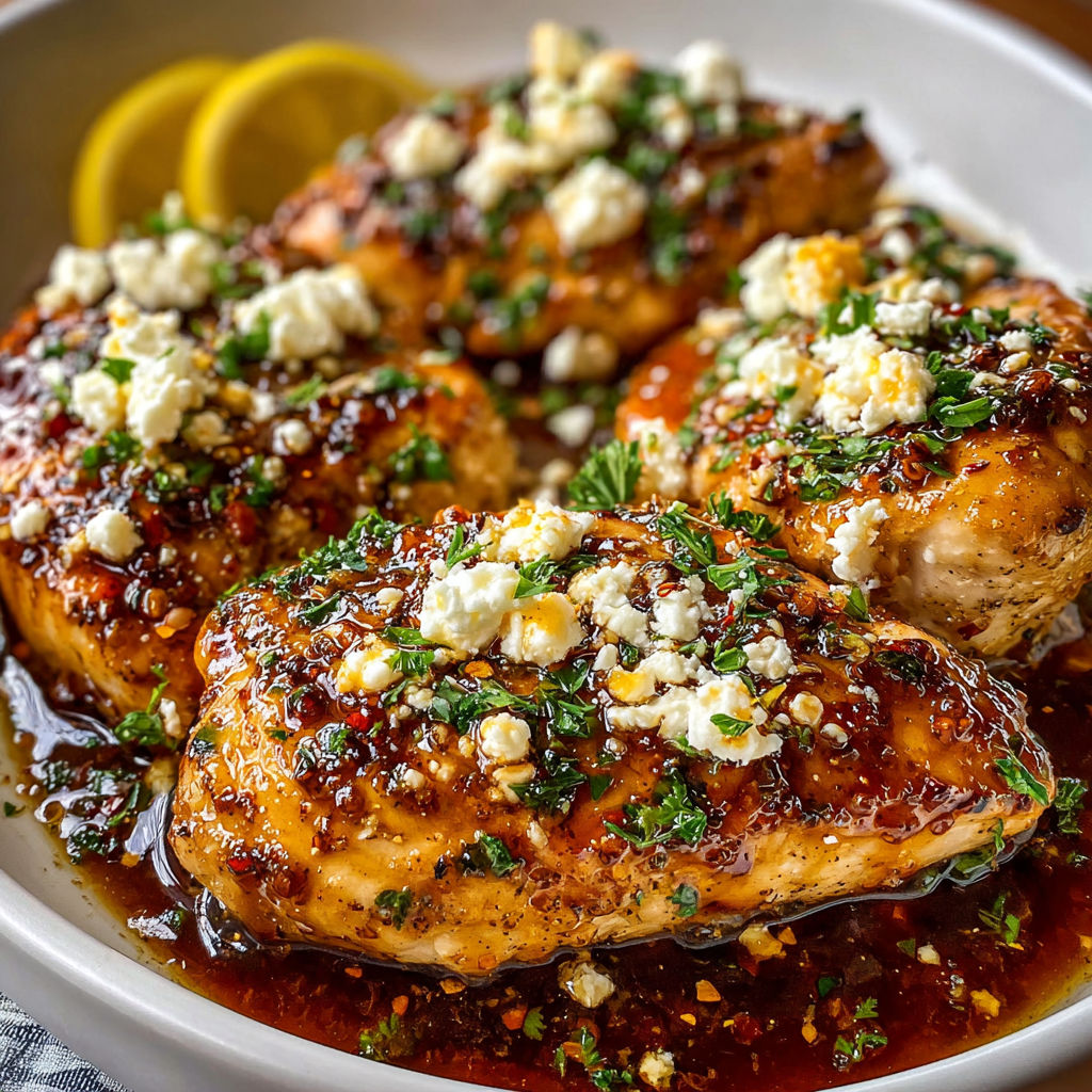 A bowl of chicken with feta cheese and a lemon wedge on top.