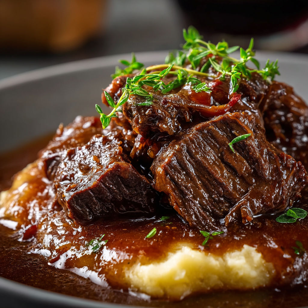 A delicious Slow Cooker Beef Manhattan is served on a plate with a side of mashed potatoes.