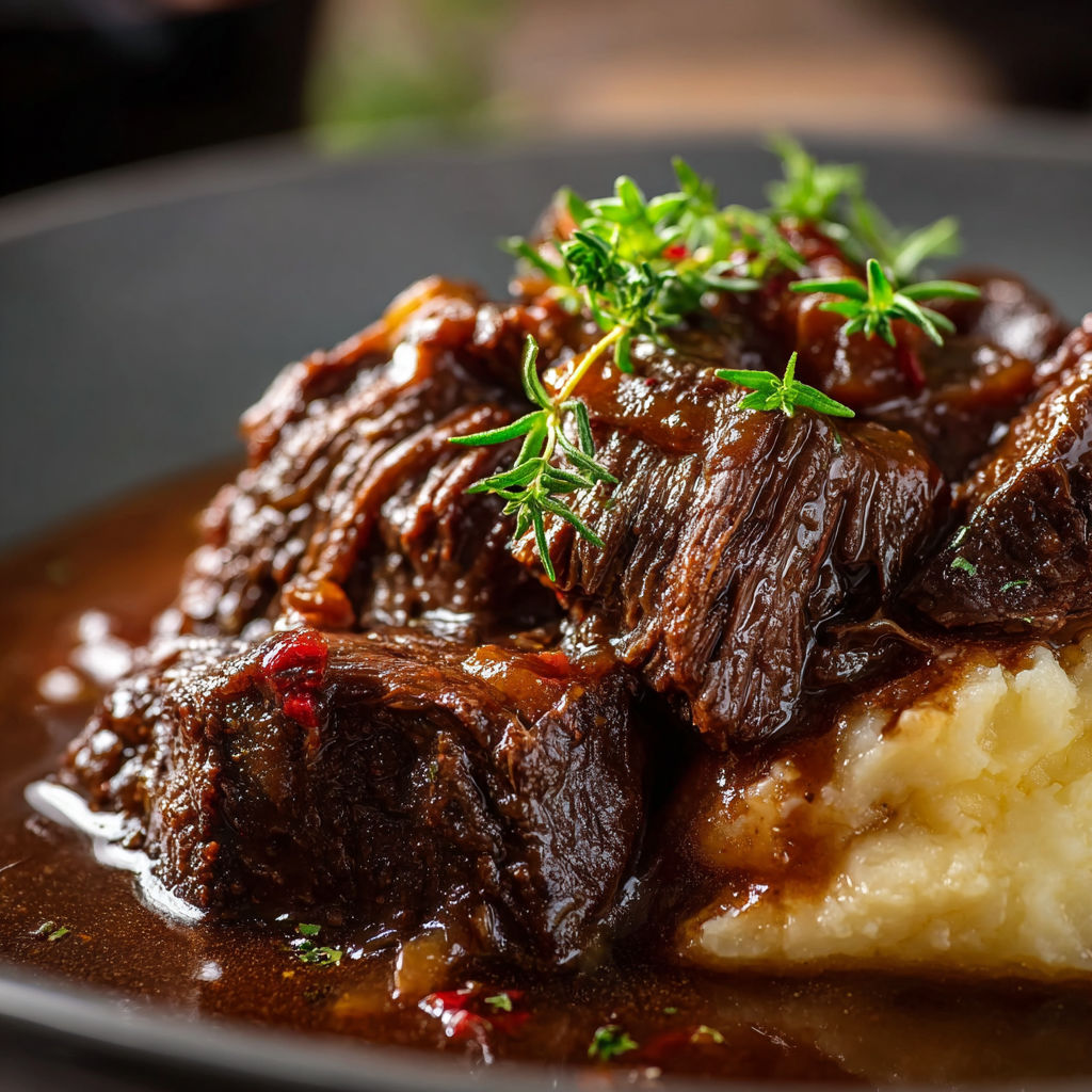 A plate of beef stew with potatoes and herbs on top.