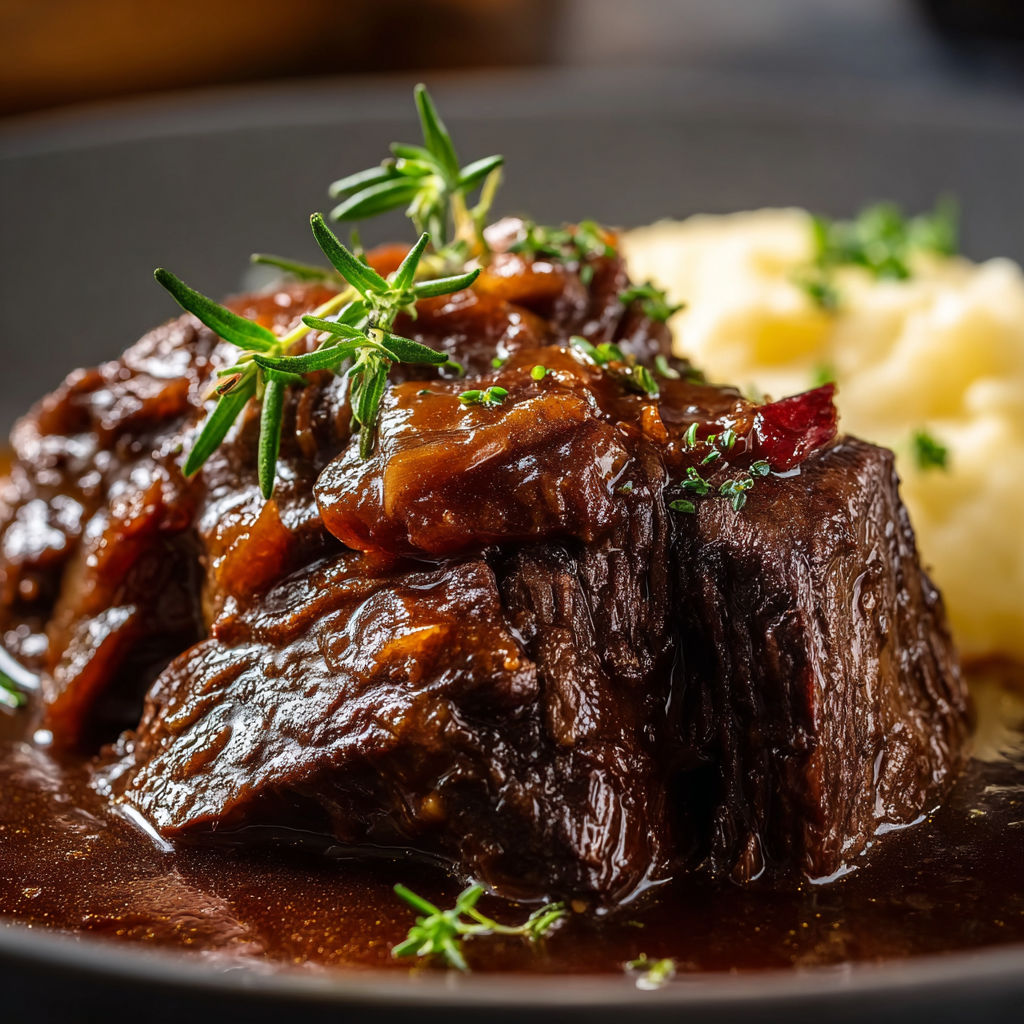 A plate of beef stew with potatoes and herbs.