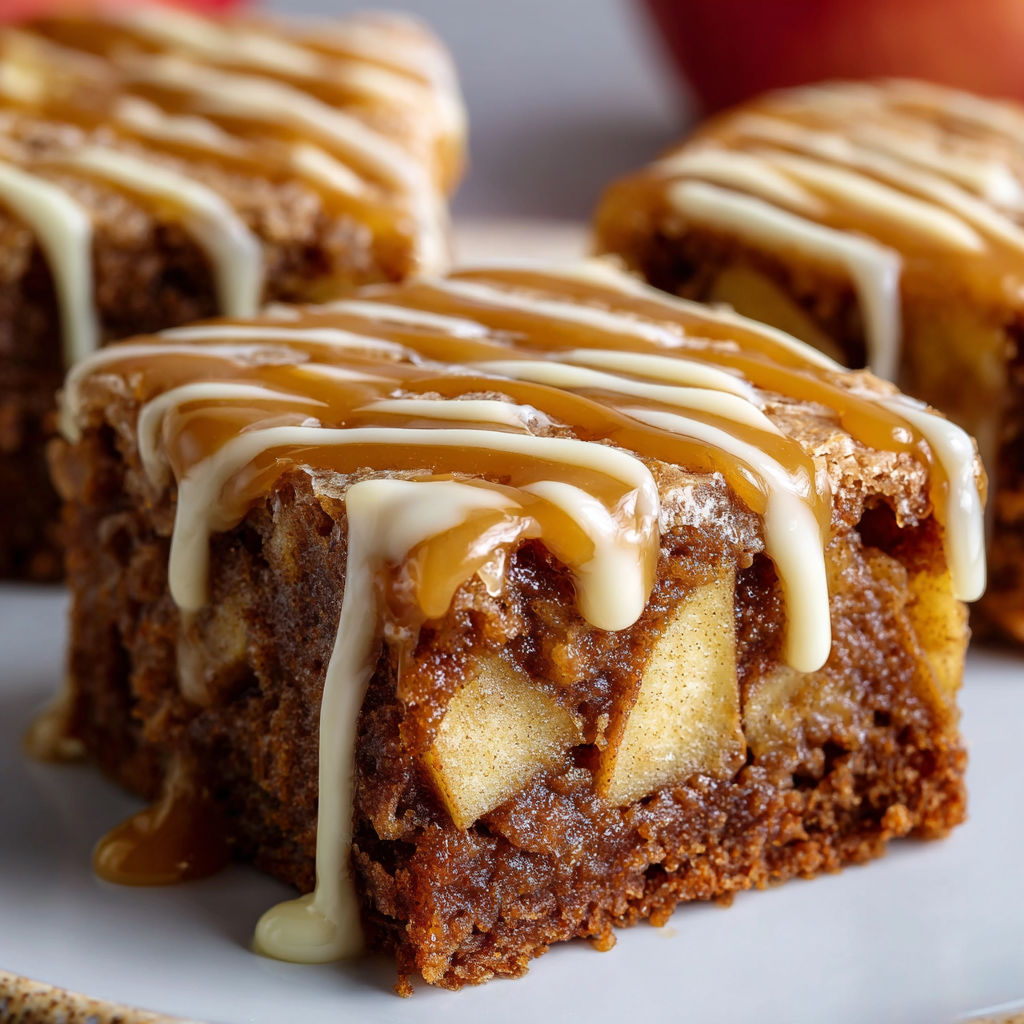 A delicious dessert, Apple Brownies Glaze, is presented on a plate.