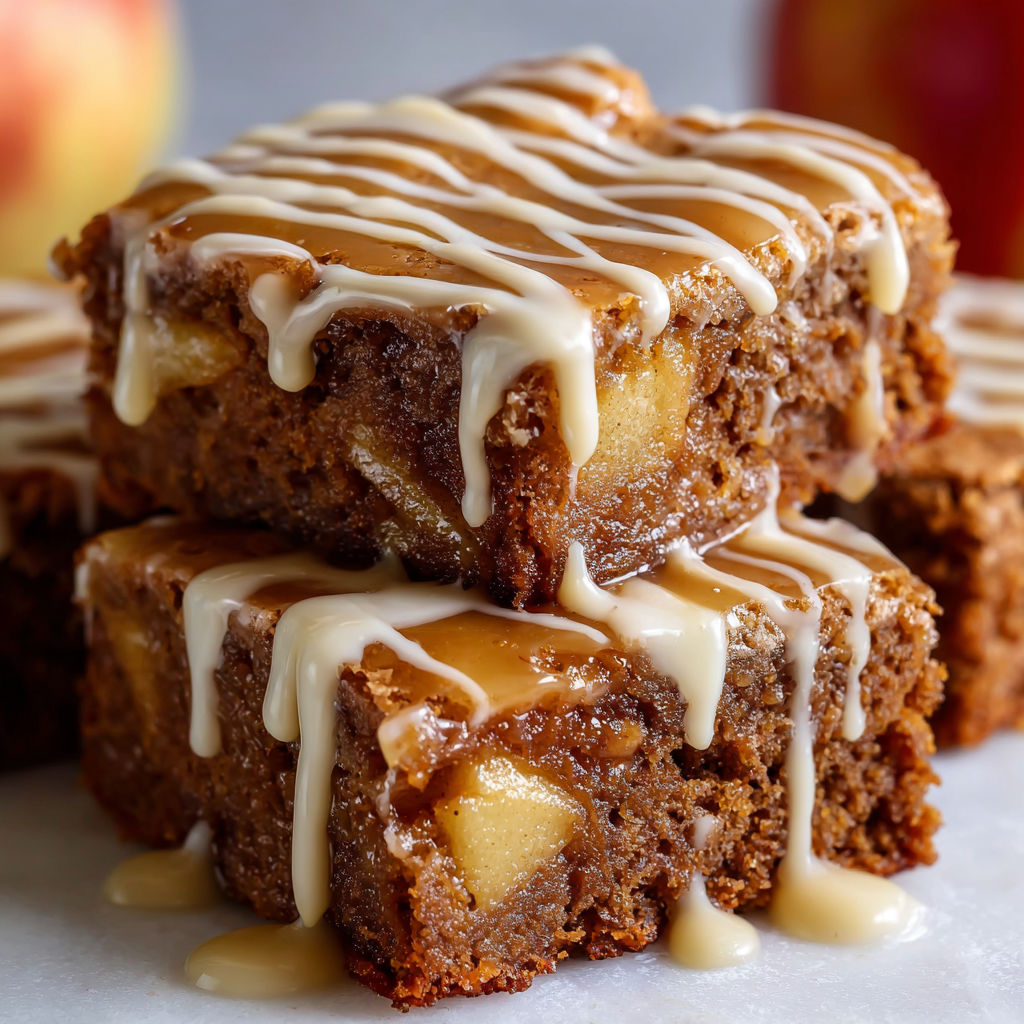 A delicious dessert made with apples and brownies, drizzled with a sweet glaze.