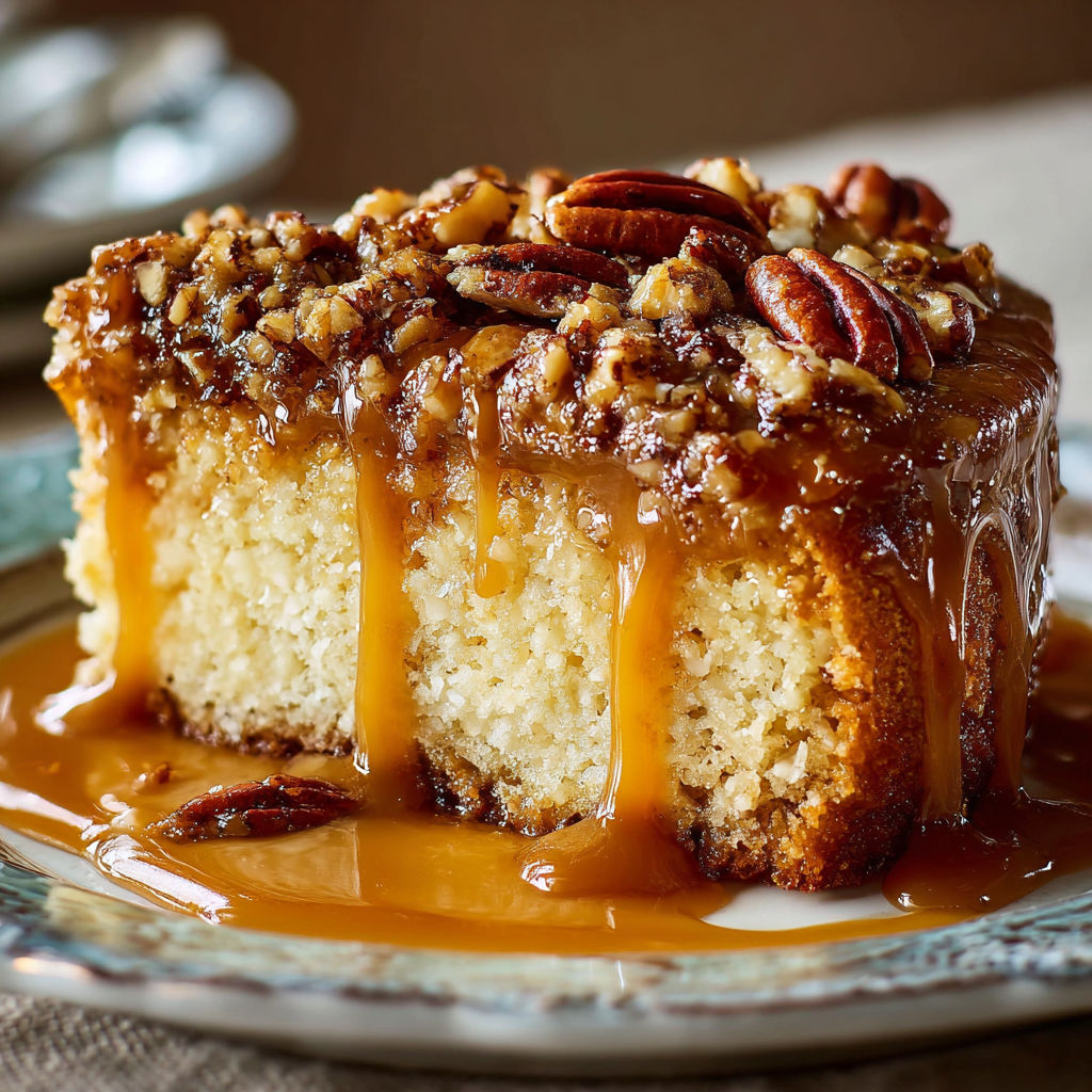 A slice of Crème Brûlée Caramel Pecan Cake is served on a plate.