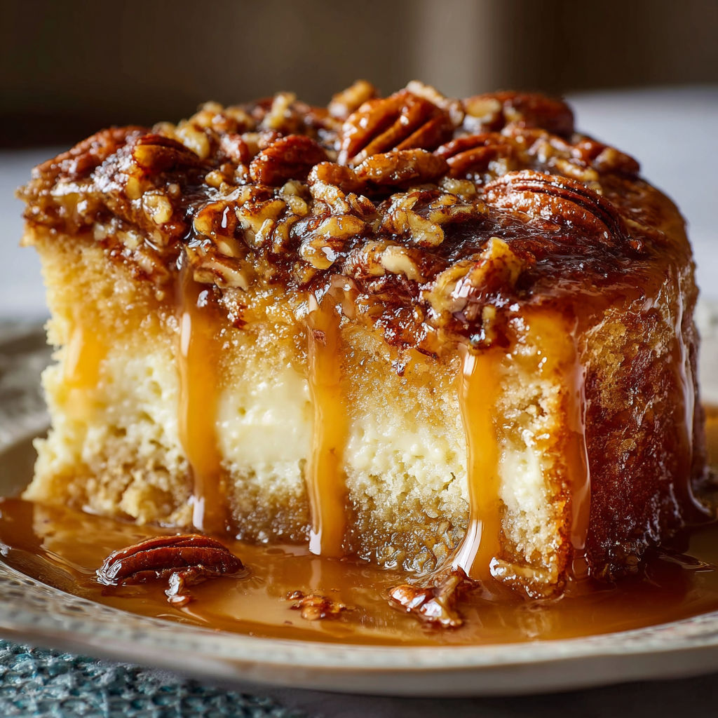 A slice of pecan pie with caramel drizzle on a plate.