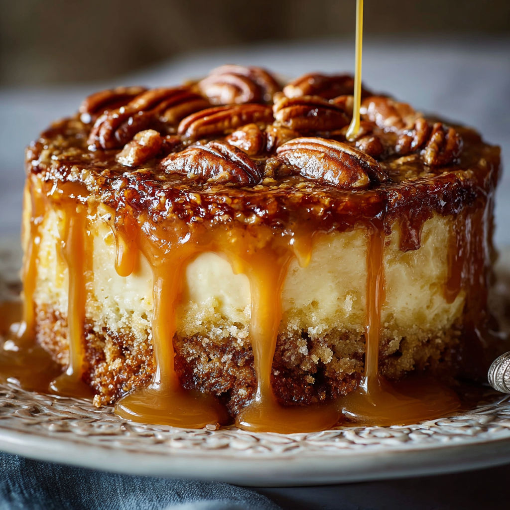 A slice of pecan pie with caramel drizzle on a plate.