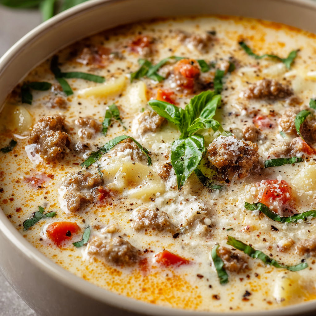 A bowl of soup with meat, vegetables, and cheese.