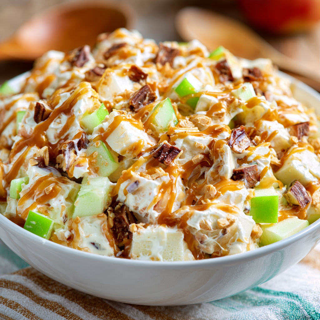 A white bowl filled with a delicious Snickers Caramel Apple Salad.