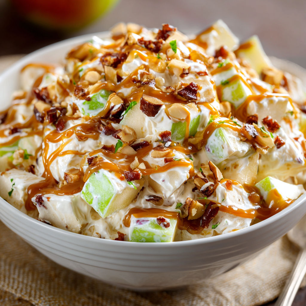 A bowl of salad with a drizzle of caramel sauce on top.
