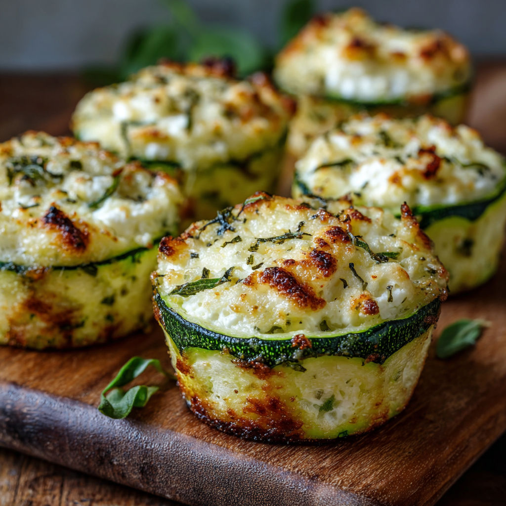 A plate of miniature zucchini cakes with cheese and herbs on top.