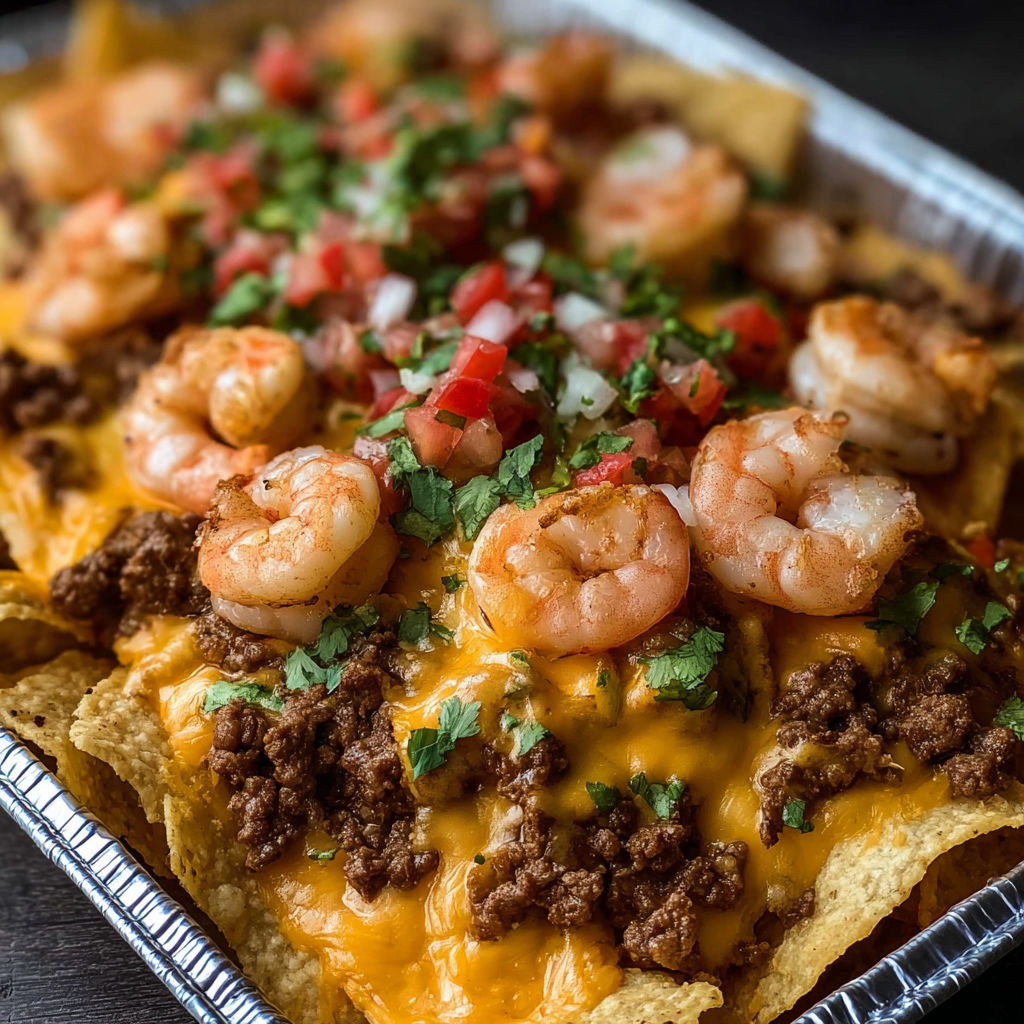 A delicious shrimp and cheese covered taco in a foil container.