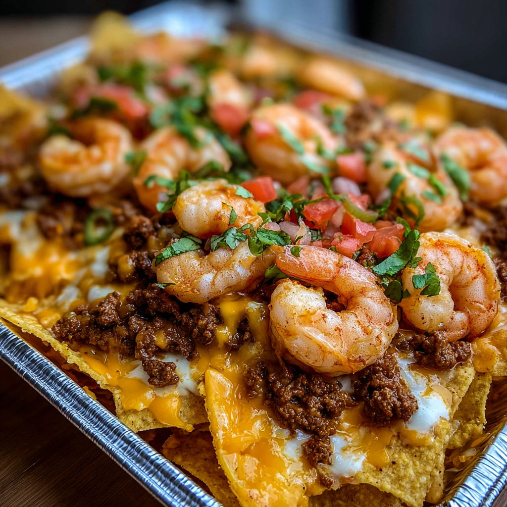 A tray of shrimp and cheese covered nachos.