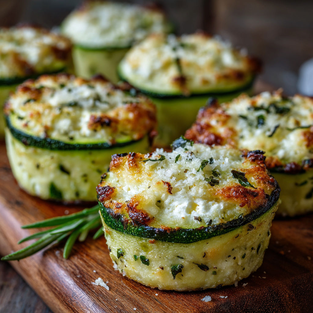 A wooden cutting board holds a variety of zucchini cottage cheese parmesan cups.