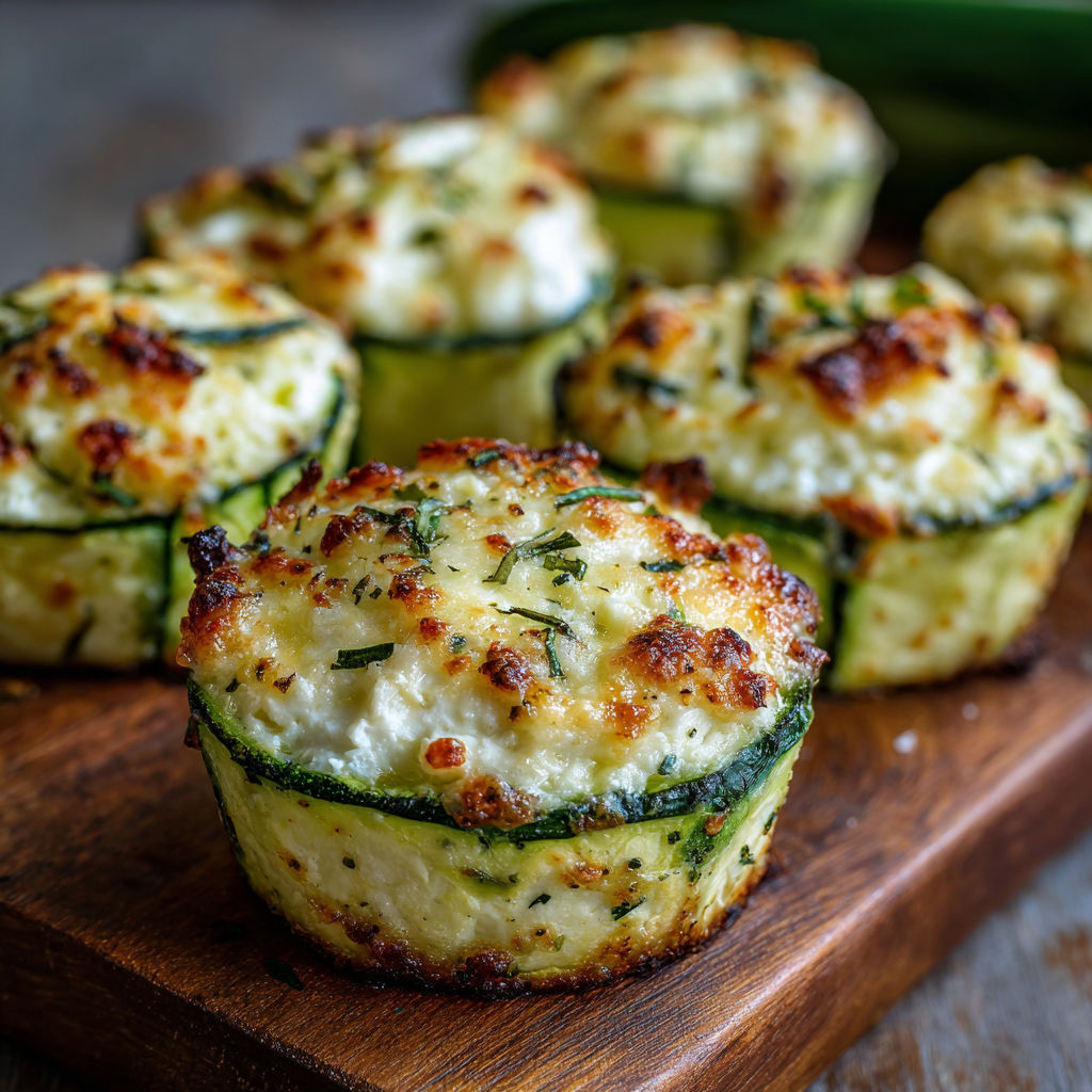 A wooden cutting board holds a variety of zucchini cottage cheese parmesan cups.