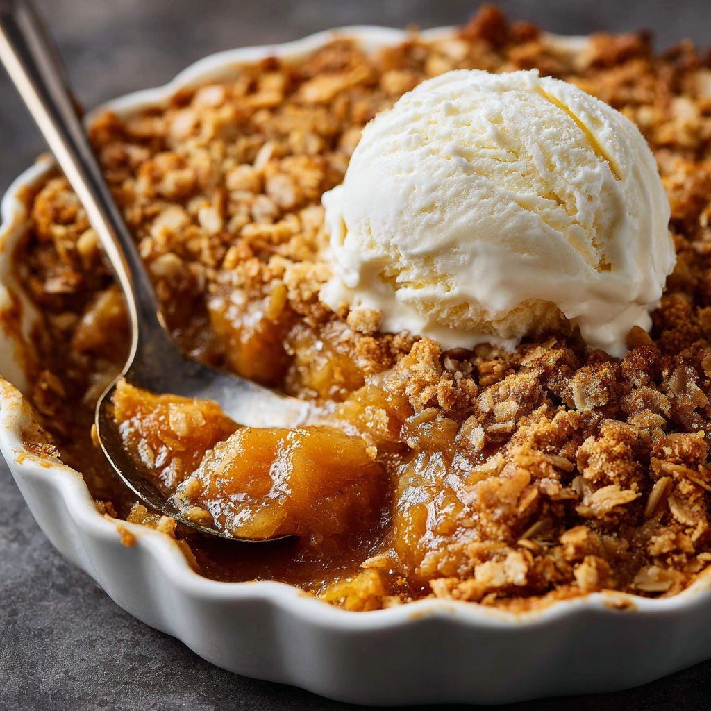 A delicious dessert, possibly a crumble or a pie, is served with a scoop of ice cream on top.