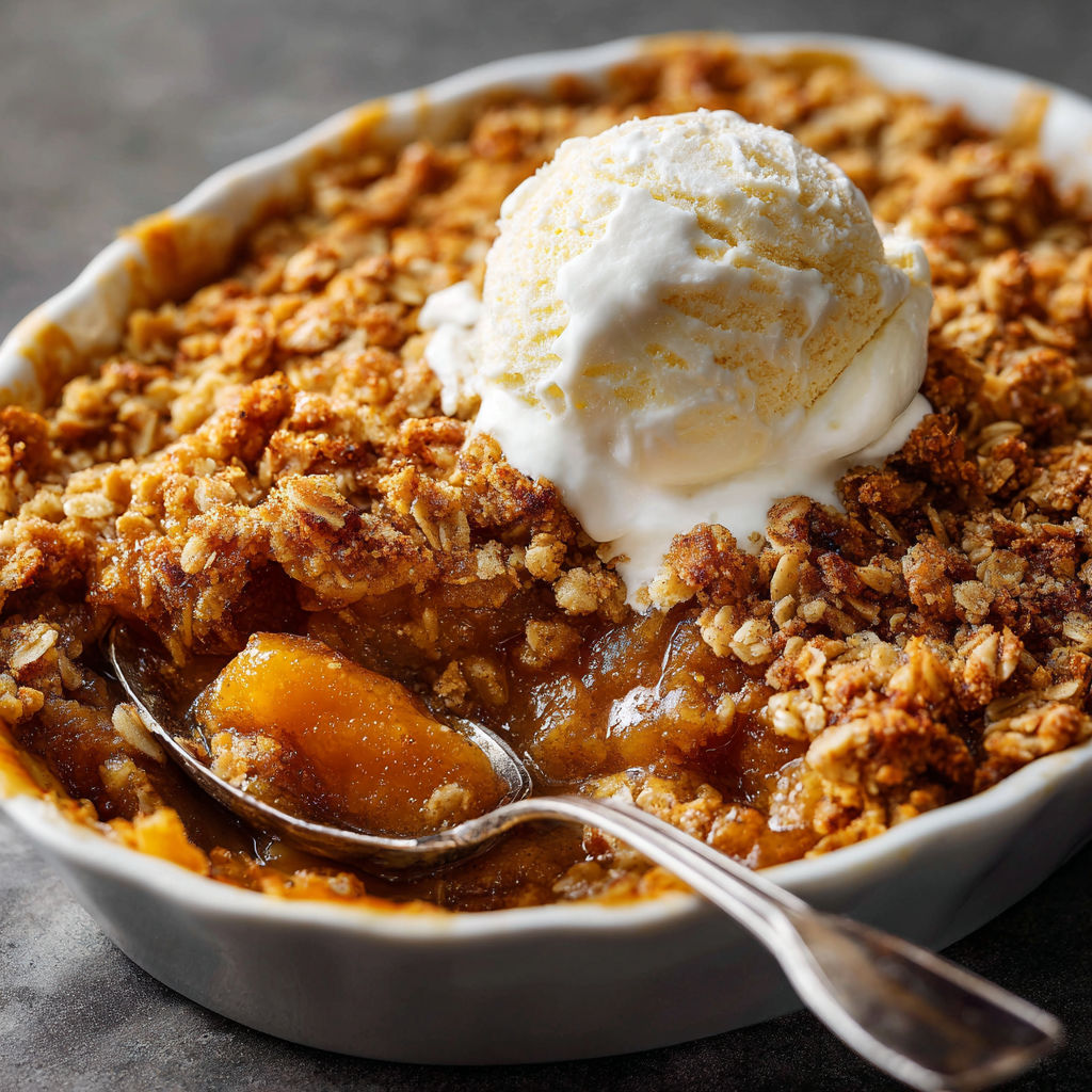 A delicious dessert is served in a white bowl, topped with a scoop of vanilla ice cream and a sprinkle of crumbles.