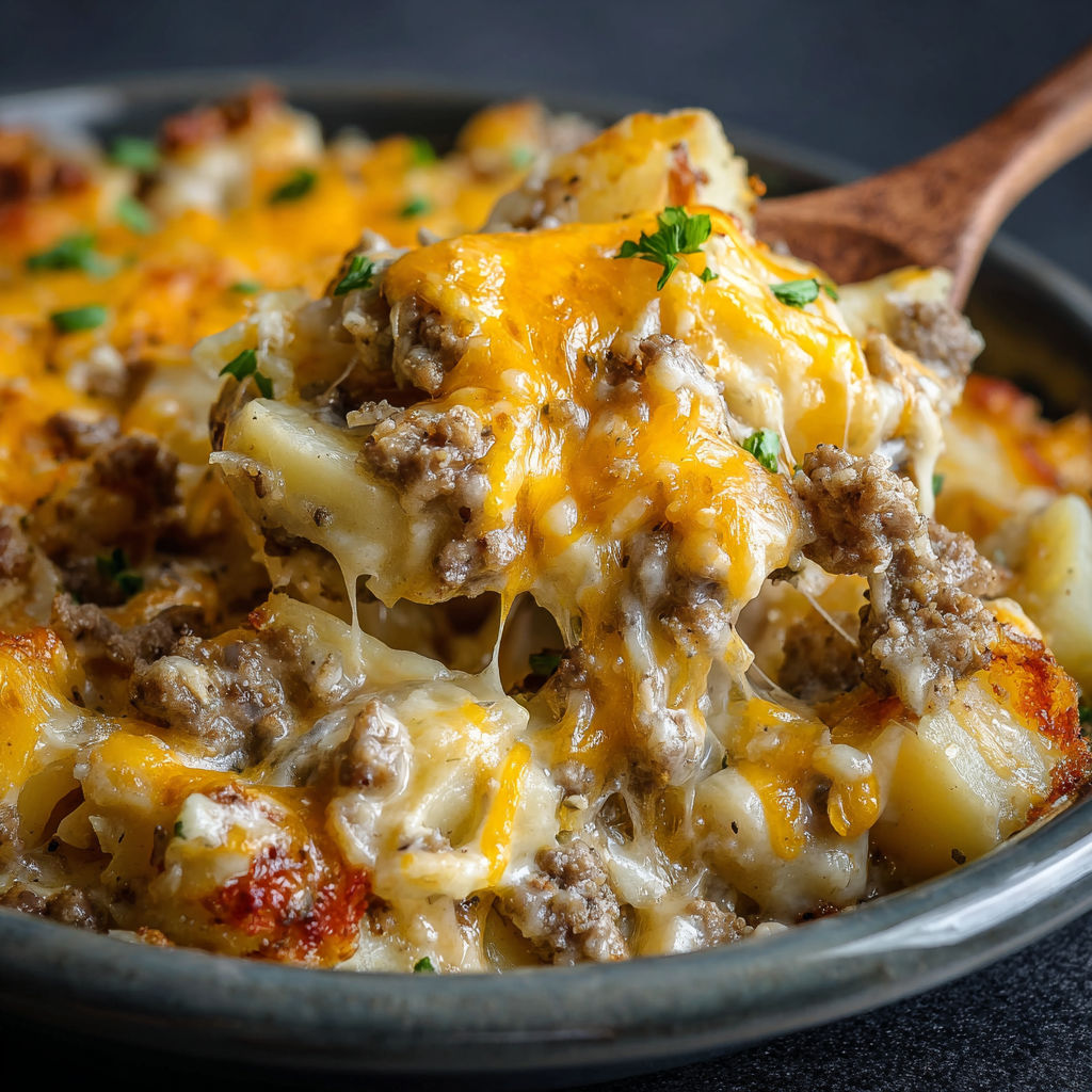 A bowl of cheesy meat and potato casserole with a wooden spoon resting on top.
