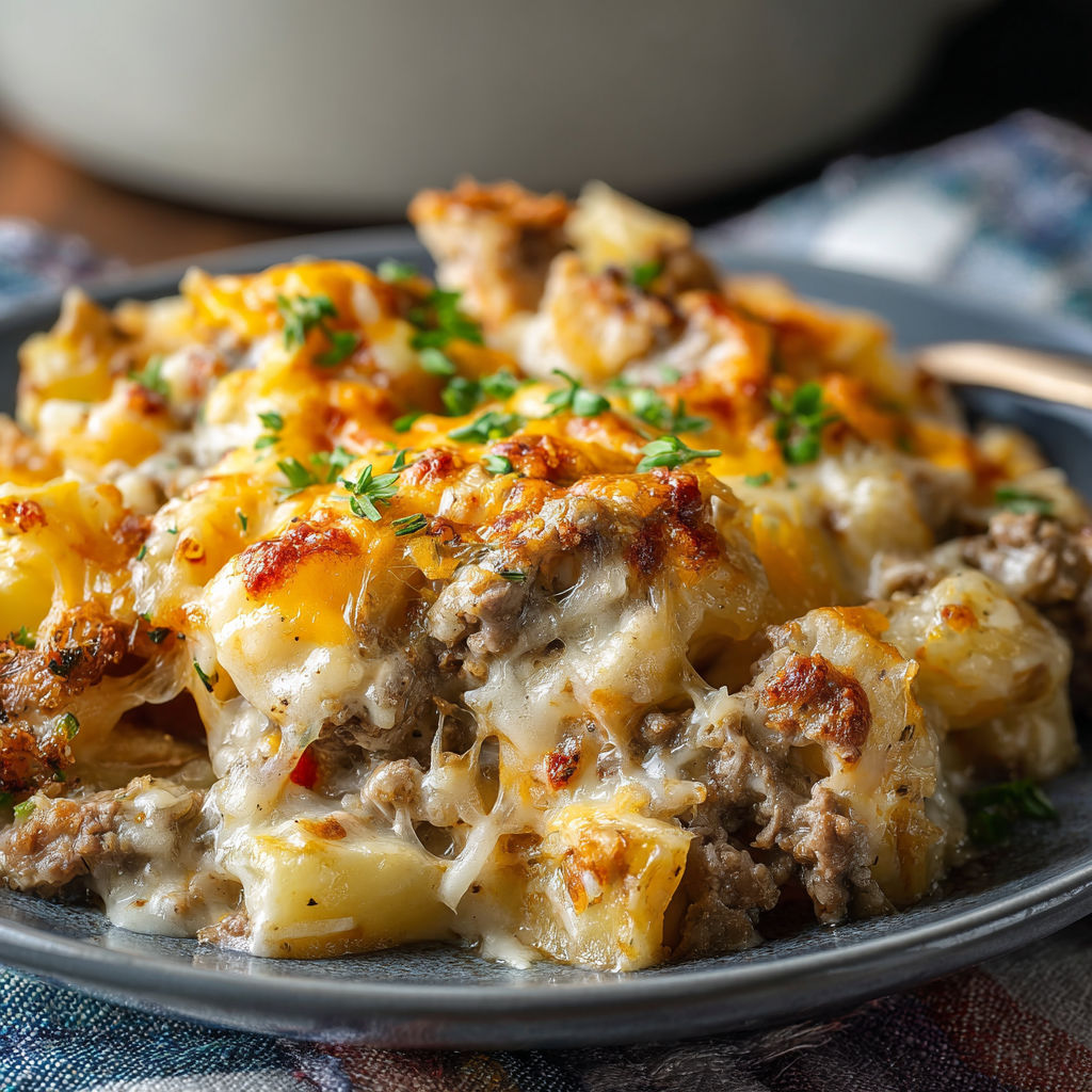A delicious meal of meat and cheese covered potatoes is served on a plate.