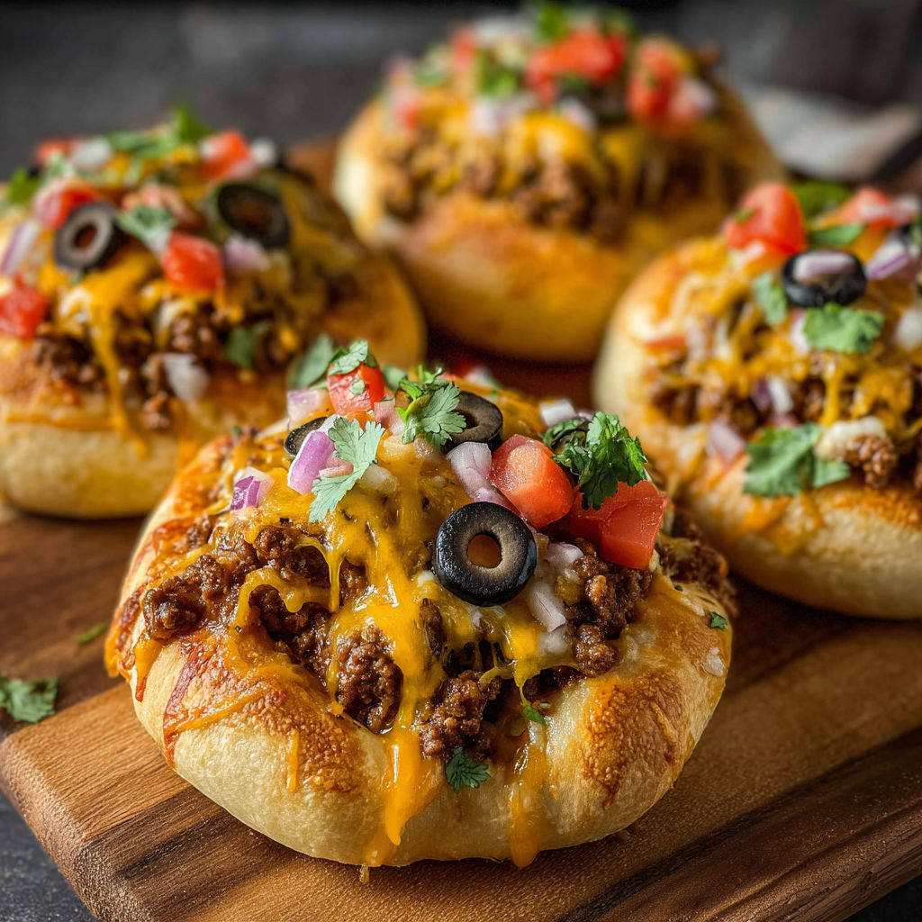 A delicious Loaded Taco Pizza Bombs with Queso Drizzle is displayed on a wooden platter.