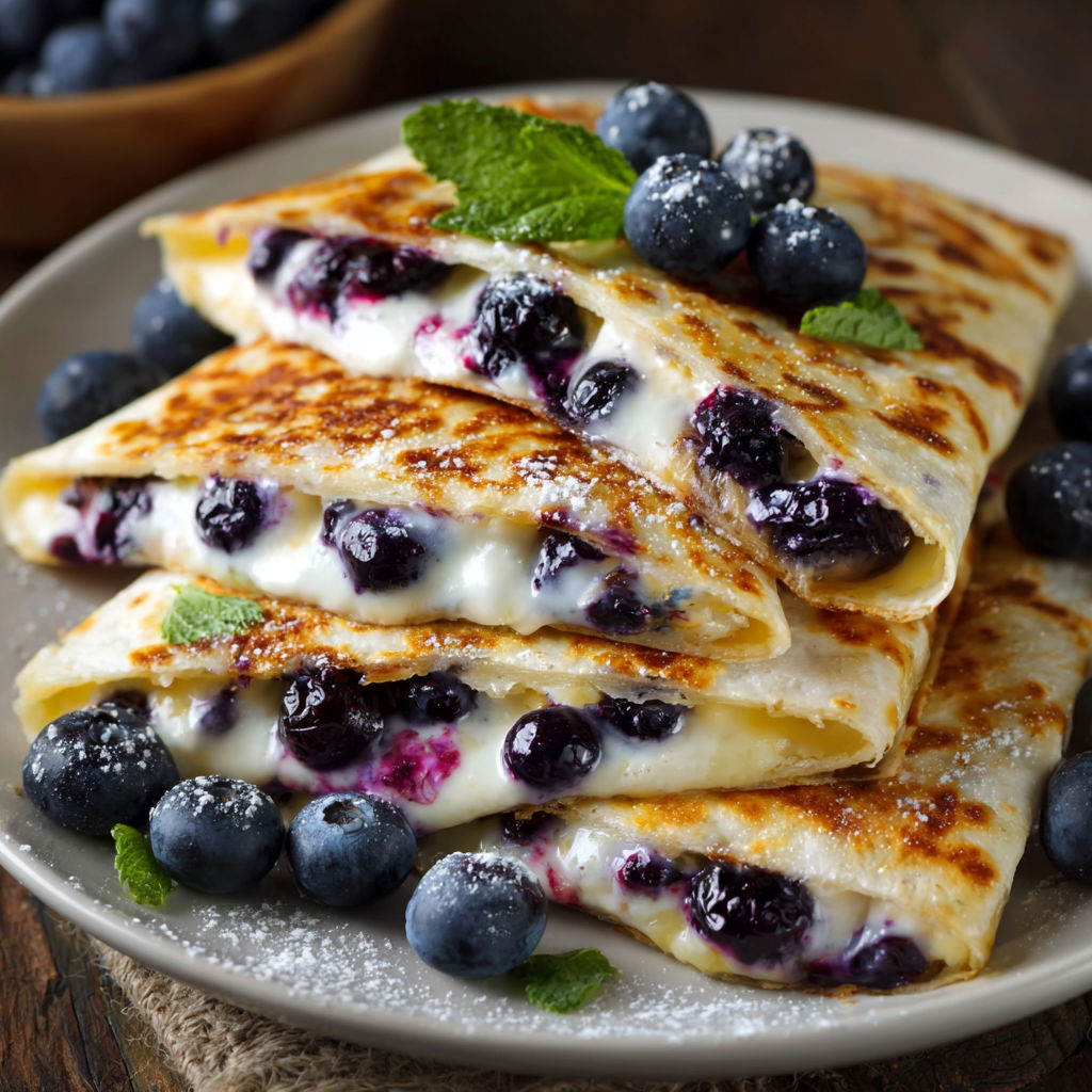A plate of blueberry crepes with blueberries on top.
