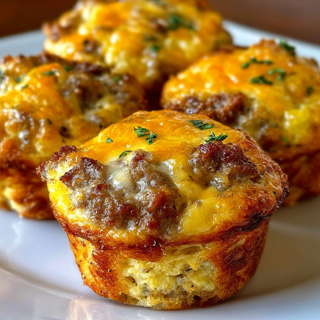 A plate of sausage breakfast muffins with cheese and herbs.