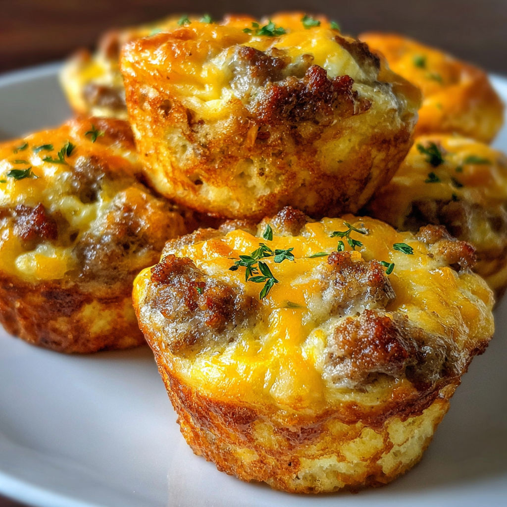 A plate of muffins with cheese and sausage filling.