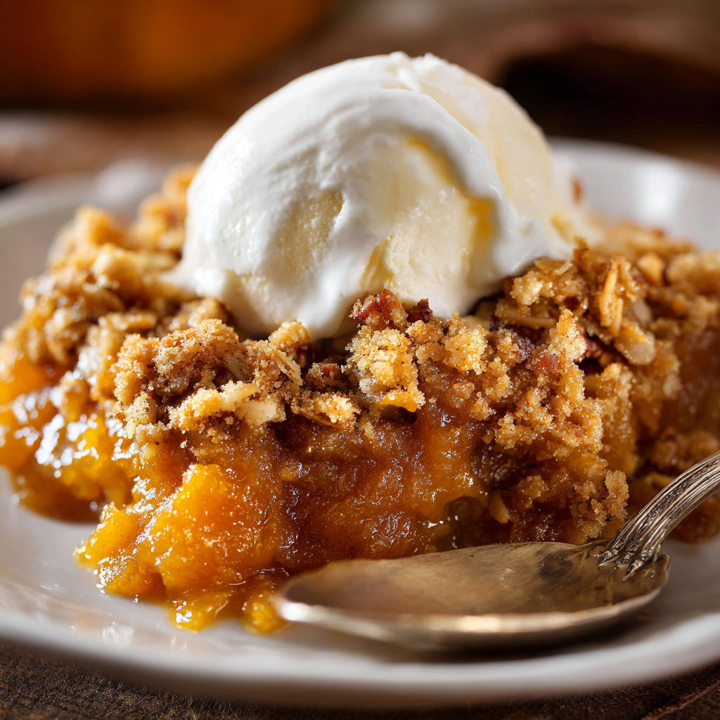 A dessert made with a crumbly topping and a scoop of ice cream on top.