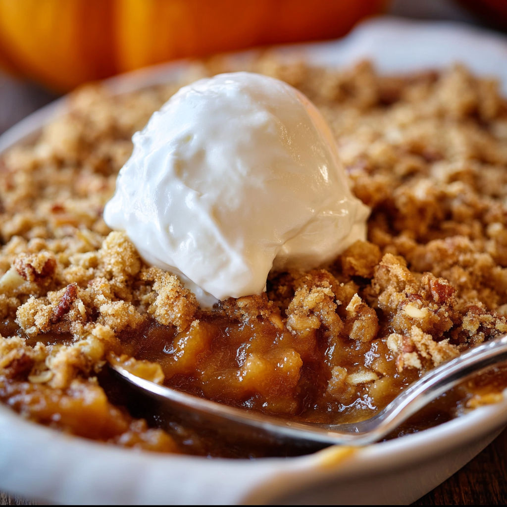A bowl of apple crumble with a scoop of ice cream on top.